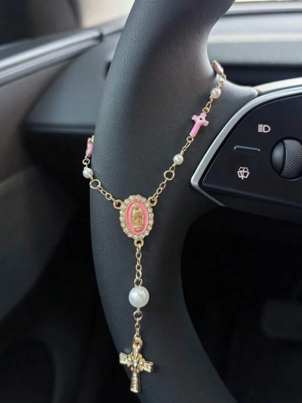 1pc Pink Pearl Cross Steering Wheel Rosary Ornament, Rosary Car Pendant Accessor